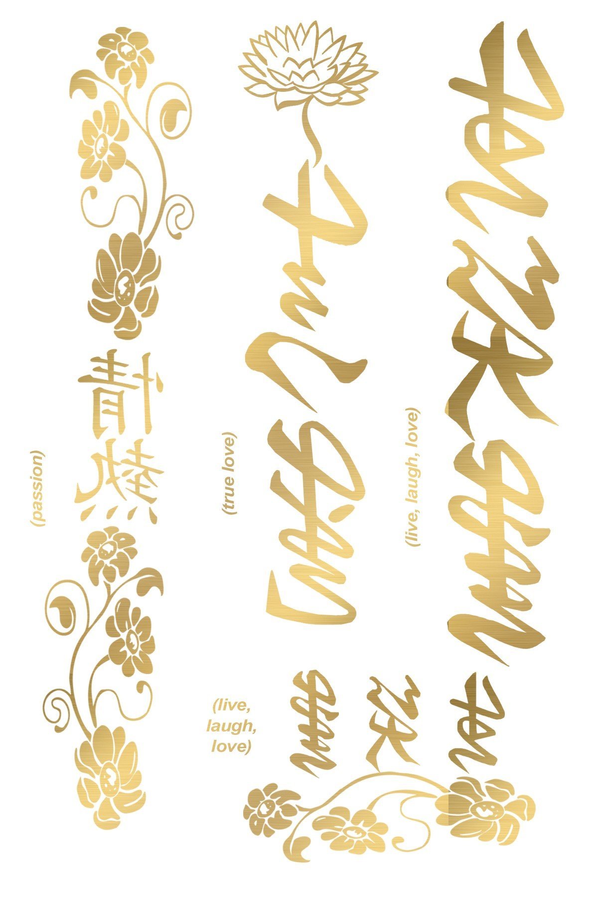 Tatouages éphémères dorés calligraphie et fleurs